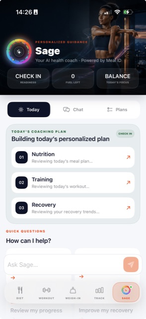 Meal ID Sage screen: an AI health coach with today's coaching plan across Nutrition, Training and Recovery, plus an Ask Sage chat box